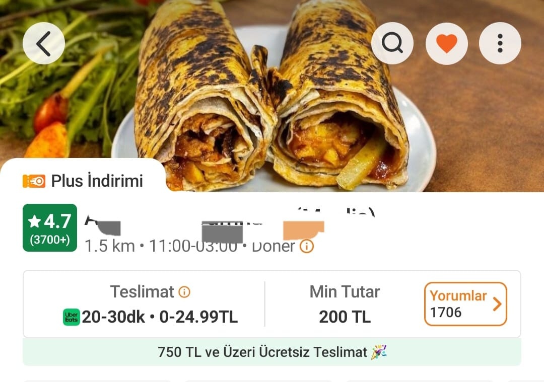 Trendyol 3700+ Yorum Döner Restoranı Paneli